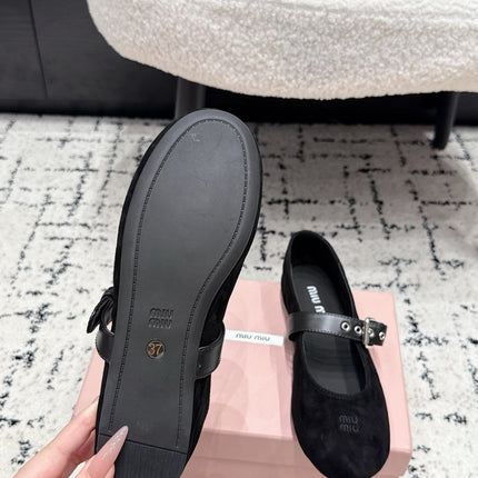 MIUMIU 26S BALLET FLATS IN BLACK SUEDE