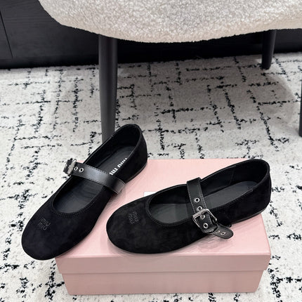 MIUMIU 26S BALLET FLATS IN BLACK SUEDE