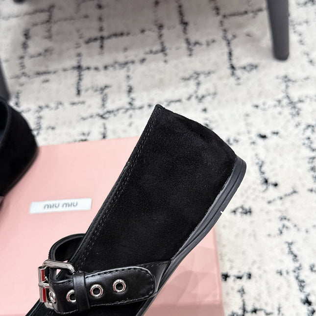 MIUMIU 26S BALLET FLATS IN BLACK SUEDE