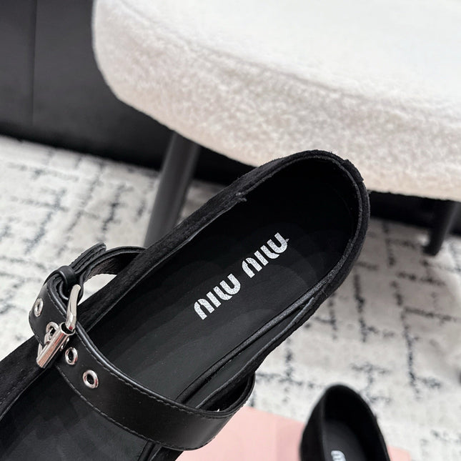 MIUMIU 26S BALLET FLATS IN BLACK SUEDE