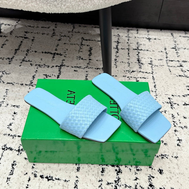 BOTTEGA VENETA 26S SQUARE-TOE WOVEN-STRAP SANDALS IN BLUE LAMBSKIN