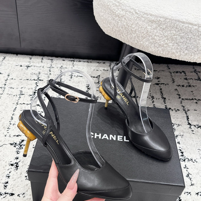 CHANEL 26S HEELED SLINGBACKS 75 MM IN BLACK LAMBSKIN