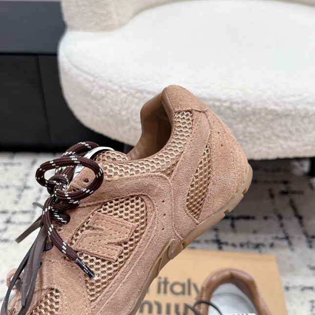 MIUMIU 26S SNEAKERS IN CHESTNUT BROWN SUEDE SUEDE AND MESH FABRIC