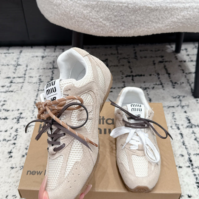 MIUMIU 26S SNEAKERS IN TAN BROWN SUEDE AND MESH FABRIC