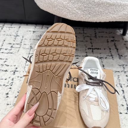 MIUMIU 26S SNEAKERS IN TAN BROWN SUEDE AND MESH FABRIC