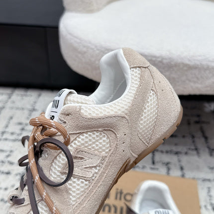 MIUMIU 26S SNEAKERS IN TAN BROWN SUEDE AND MESH FABRIC