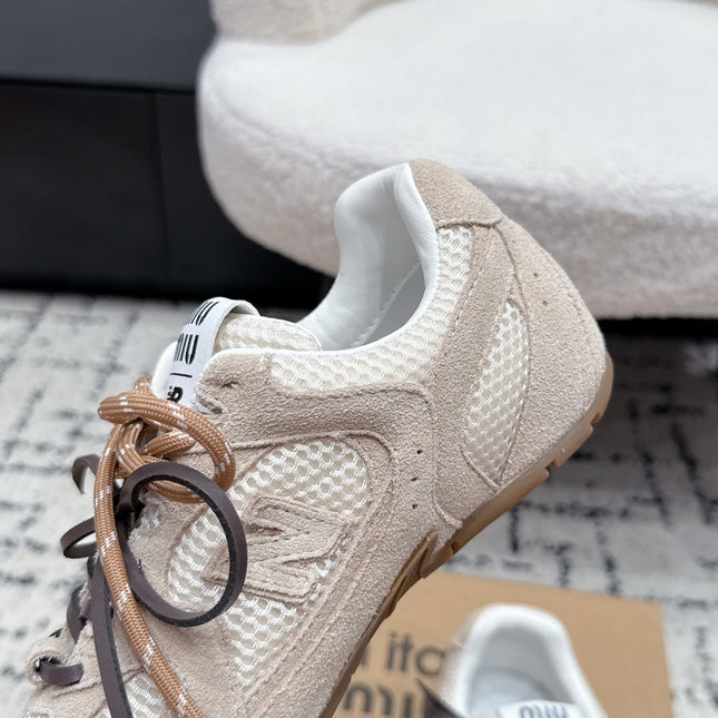 MIUMIU 26S SNEAKERS IN TAN BROWN SUEDE AND MESH FABRIC
