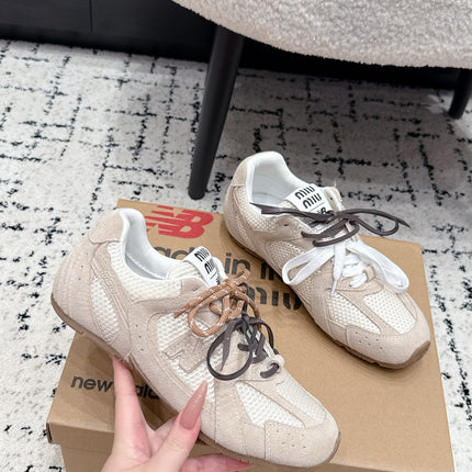 MIUMIU 26S SNEAKERS IN TAN BROWN SUEDE AND MESH FABRIC