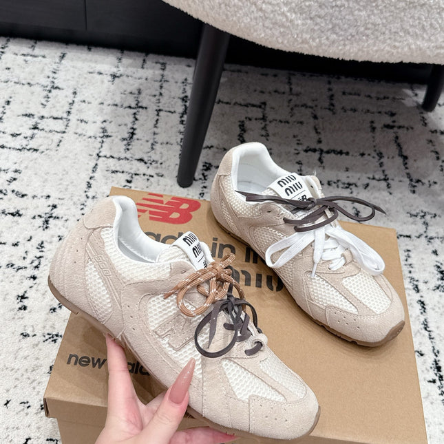 MIUMIU 26S SNEAKERS IN TAN BROWN SUEDE AND MESH FABRIC
