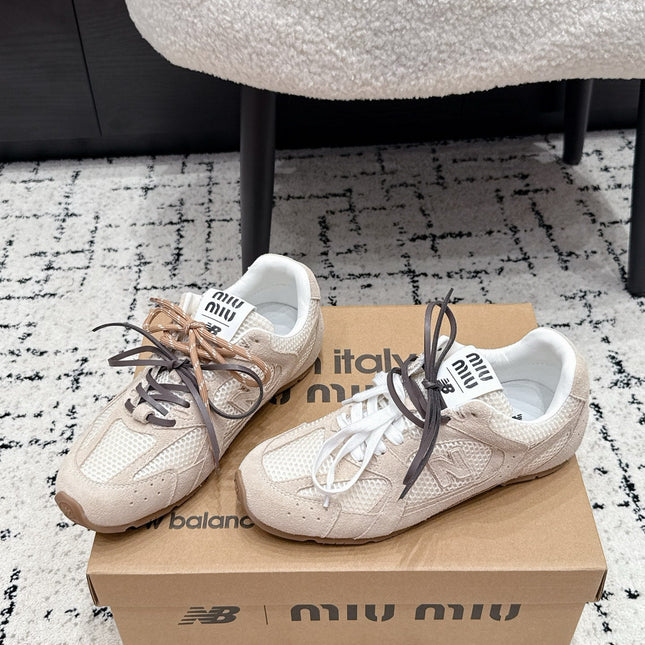 MIUMIU 26S SNEAKERS IN TAN BROWN SUEDE AND MESH FABRIC