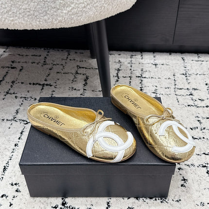 CHANEL 26S FLAT MULES IN GOLD LAMBSKIN