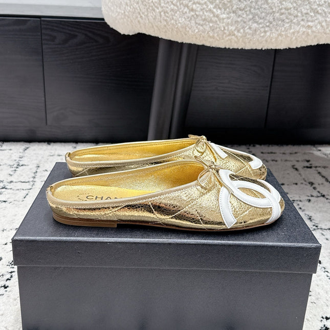 CHANEL 26S FLAT MULES IN GOLD LAMBSKIN