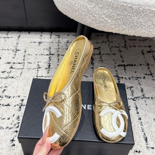 CHANEL 26S FLAT MULES IN GOLD LAMBSKIN