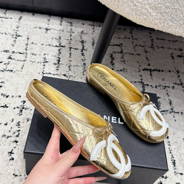 CHANEL 26S FLAT MULES IN GOLD LAMBSKIN