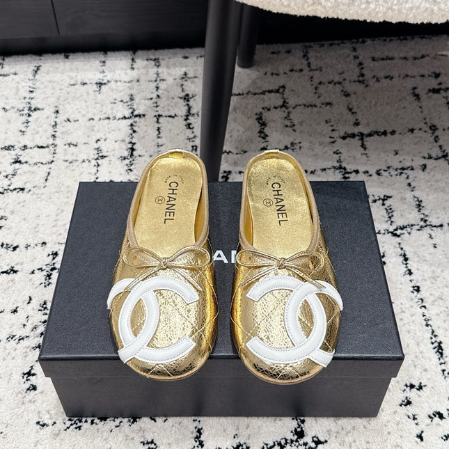 CHANEL 26S FLAT MULES IN GOLD LAMBSKIN