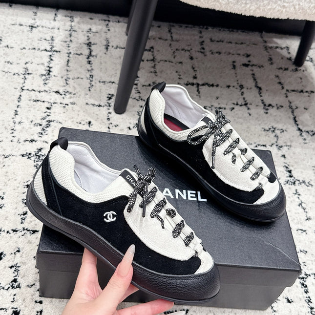 CHANEL 26S LACE-UP SNEAKERS IN WHITE MIX BLACK SUEDE AND LAMBSKIN