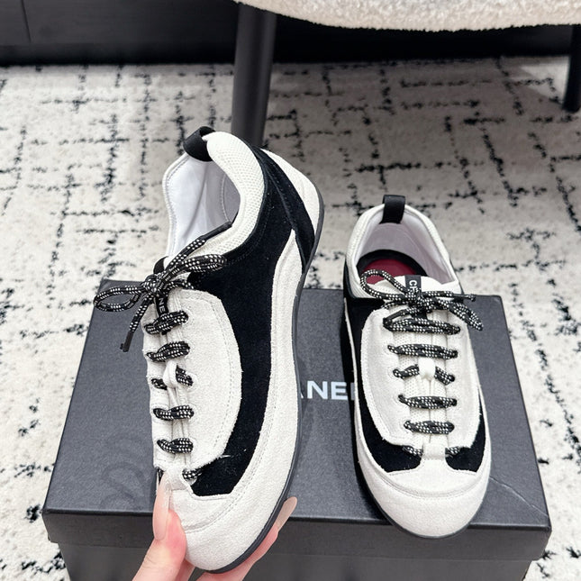 CHANEL 26S LACE-UP SNEAKERS IN WHITE AND BLACK SUEDE STYLE 2