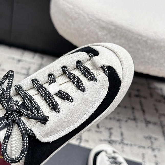 CHANEL 26S LACE-UP SNEAKERS IN WHITE AND BLACK SUEDE STYLE 2