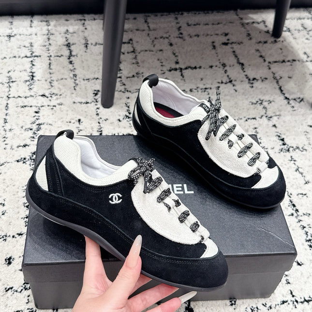 CHANEL 26S LACE-UP SNEAKERS IN WHITE AND BLACK SUEDE