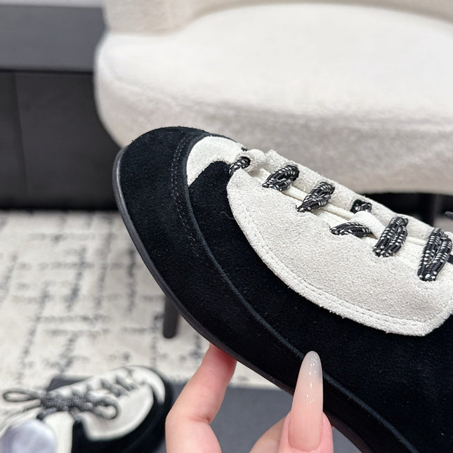 CHANEL 26S LACE-UP SNEAKERS IN WHITE AND BLACK SUEDE