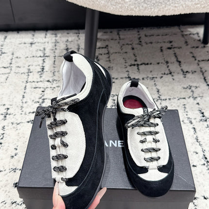 CHANEL 26S LACE-UP SNEAKERS IN WHITE AND BLACK SUEDE