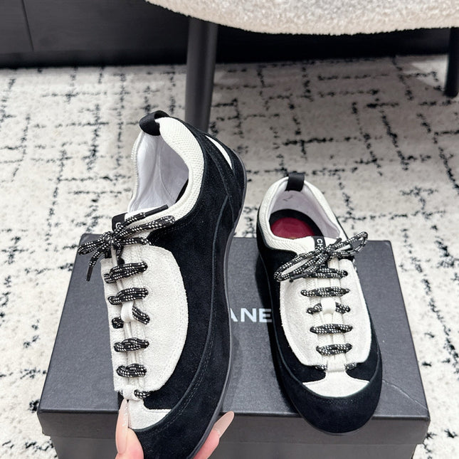 CHANEL 26S LACE-UP SNEAKERS IN WHITE AND BLACK SUEDE