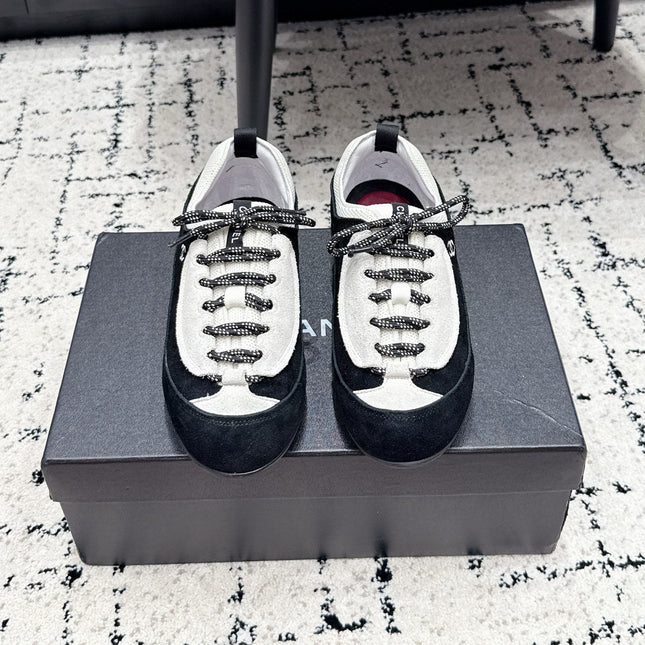CHANEL 26S LACE-UP SNEAKERS IN WHITE AND BLACK SUEDE