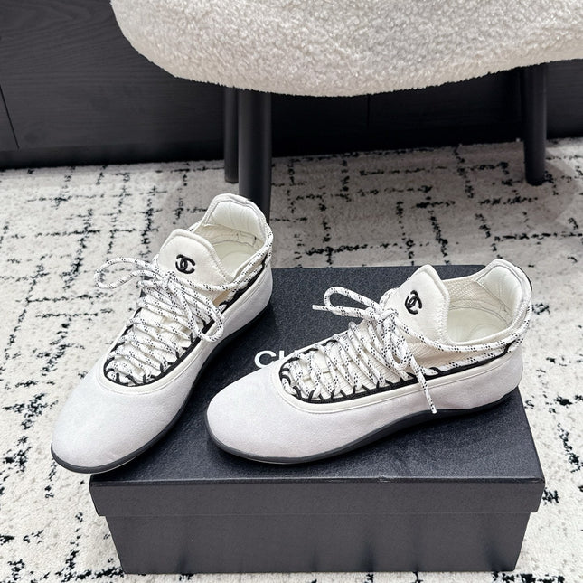 CHANEL 26S LACE-UP SNEAKERS IN WHITE SUEDE