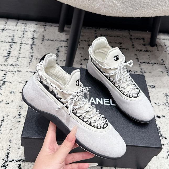 CHANEL 26S LACE-UP SNEAKERS IN WHITE SUEDE