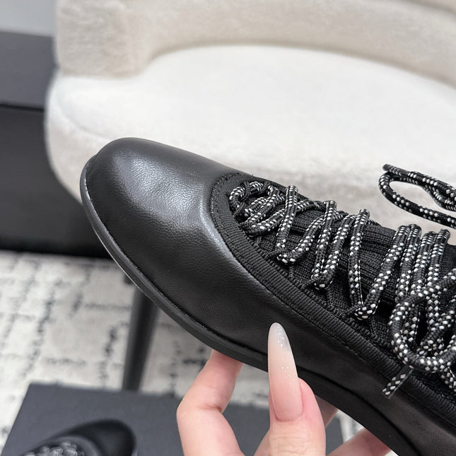 CHANEL 26S LACE-UP SNEAKERS IN BLACK FABRIC AND LAMBSKIN