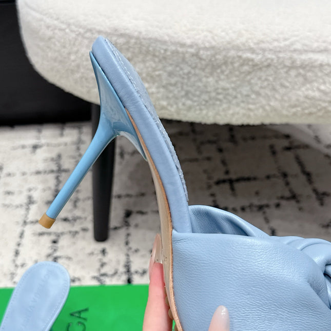 BOTTEGA VENETA 26S TWIST-STRAP HIGH-HEEL SANDALS 90 MM IN SKY BLUE LAMBSKIN
