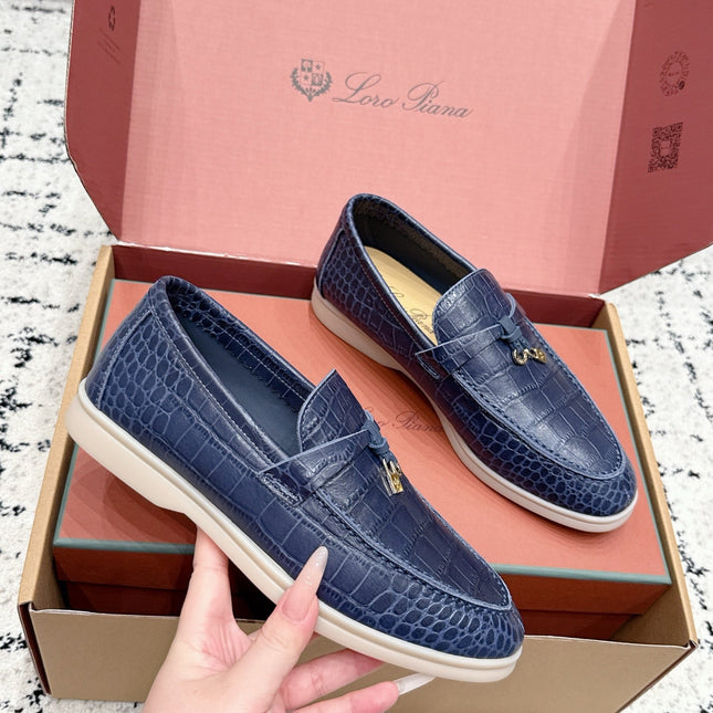 LP 26S SUMMER CHARMS WALK LOAFER IN DARK BLUE CROCODILE CALFSKIN GOLD HARDWARE
