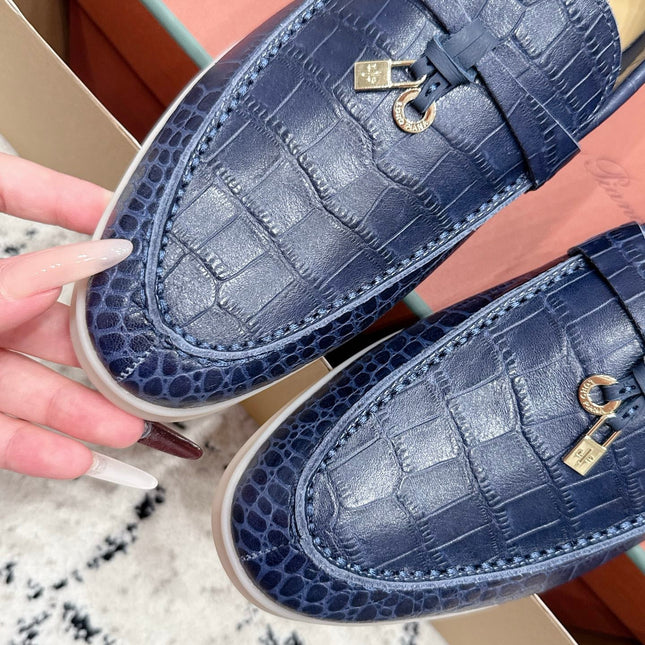 LP 26S SUMMER CHARMS WALK LOAFER IN DARK BLUE CROCODILE CALFSKIN GOLD HARDWARE