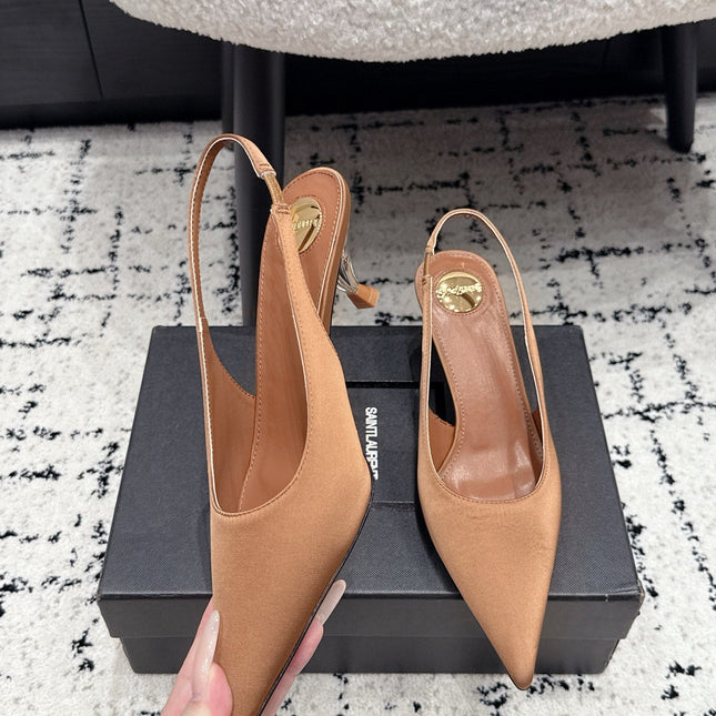 YSL 26S SLINGBACK PUMPS 60 MM IN CAMEL BROWN SATIN
