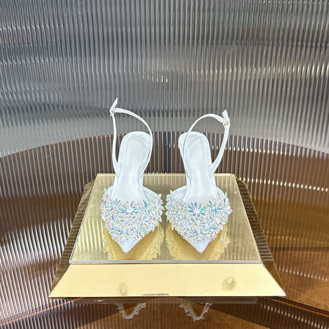 RENE CAOVILLA 26S HIGH-HEEL SLINGBACKS 75 MM IN WHITE LAMBSKIN CRYSTAL EMBELLISHED