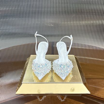 RENE CAOVILLA 26S HIGH-HEEL SLINGBACKS 75 MM IN WHITE LAMBSKIN CRYSTAL EMBELLISHED
