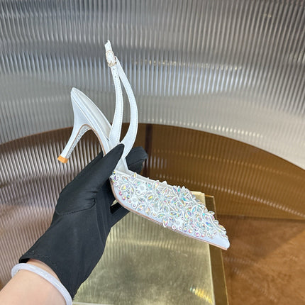 RENE CAOVILLA 26S HIGH-HEEL SLINGBACKS 75 MM IN WHITE LAMBSKIN CRYSTAL EMBELLISHED