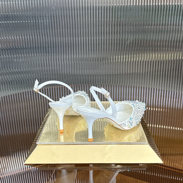 RENE CAOVILLA 26S HIGH-HEEL SLINGBACKS 75 MM IN WHITE LAMBSKIN CRYSTAL EMBELLISHED