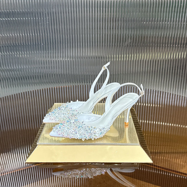 RENE CAOVILLA 26S HIGH-HEEL SLINGBACKS 75 MM IN WHITE LAMBSKIN CRYSTAL EMBELLISHED