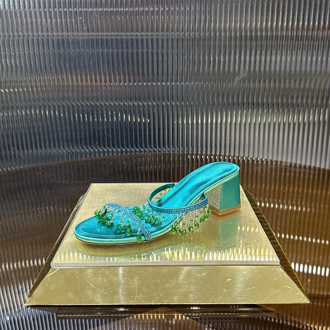 RENE CAOVILLA 26S HIGH-HEEL SANDALS 50 MM IN EMERALD GREEN LAMBSKIN