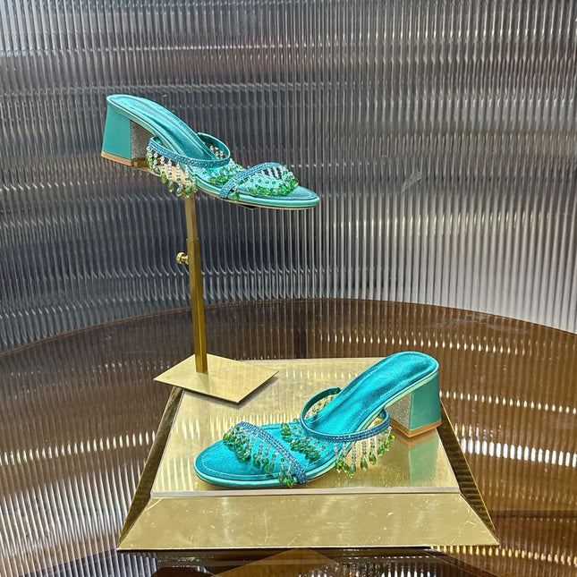 RENE CAOVILLA 26S HIGH-HEEL SANDALS 50 MM IN EMERALD GREEN LAMBSKIN