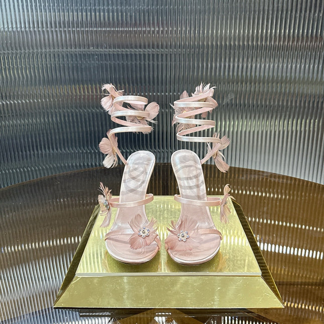 RENE CAOVILLA 26S FLORAL FEATHER HIGH-HEEL SANDALS 100 MM IN NUDE LAMBSKIN