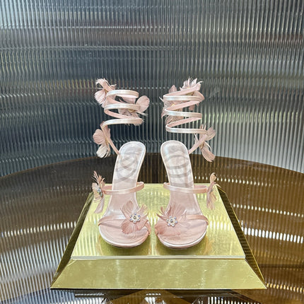 RENE CAOVILLA 26S FLORAL FEATHER HIGH-HEEL SANDALS 100 MM IN NUDE LAMBSKIN