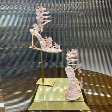 RENE CAOVILLA 26S FLORAL FEATHER HIGH-HEEL SANDALS 100 MM IN NUDE LAMBSKIN