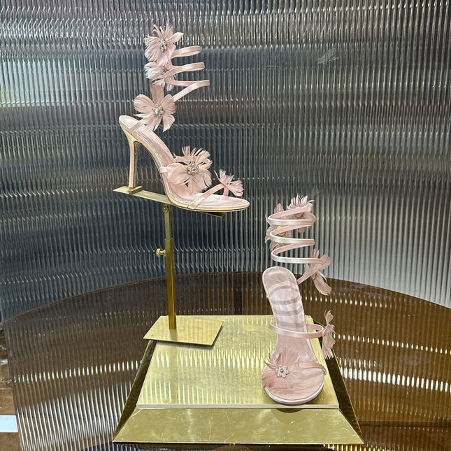 RENE CAOVILLA 26S FLORAL FEATHER HIGH-HEEL SANDALS 100 MM IN NUDE LAMBSKIN