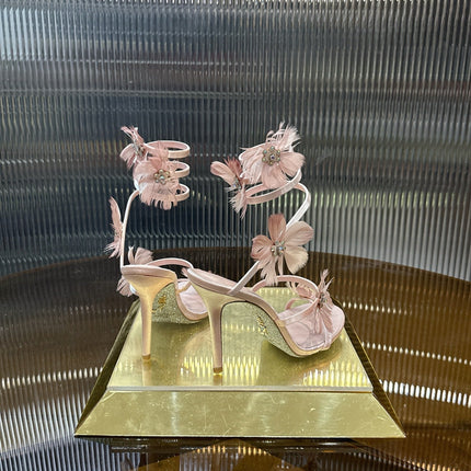 RENE CAOVILLA 26S FLORAL FEATHER HIGH-HEEL SANDALS 100 MM IN NUDE LAMBSKIN