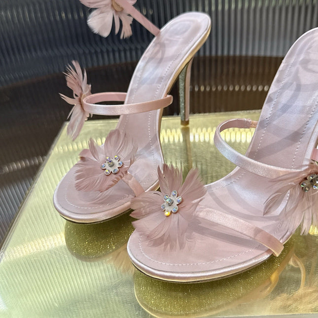 RENE CAOVILLA 26S FLORAL FEATHER HIGH-HEEL SANDALS 100 MM IN NUDE LAMBSKIN