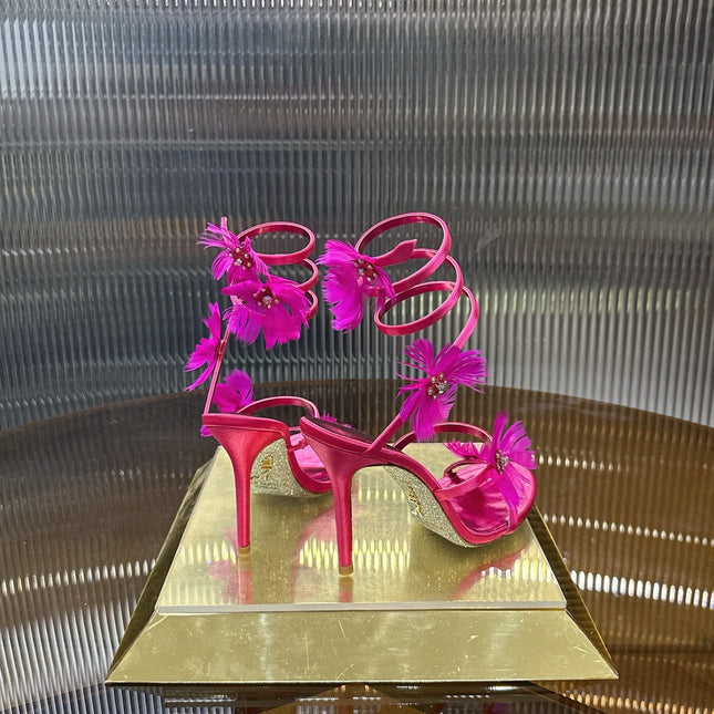 RENE CAOVILLA 26S FLORAL FEATHER HIGH-HEEL SANDALS 100 MM IN DARK PINK LAMBSKIN