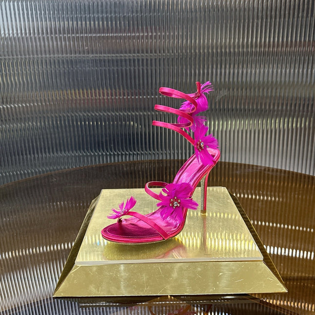 RENE CAOVILLA 26S FLORAL FEATHER HIGH-HEEL SANDALS 100 MM IN DARK PINK LAMBSKIN