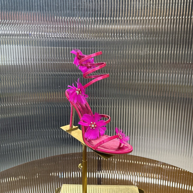 RENE CAOVILLA 26S FLORAL FEATHER HIGH-HEEL SANDALS 100 MM IN DARK PINK LAMBSKIN